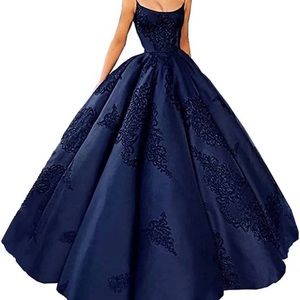 Beautiful embroidered blue a-line ball gown with pockets for quinceañera/prom